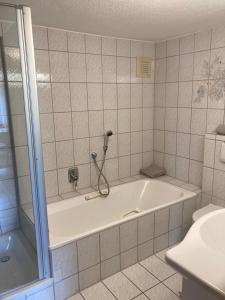 a bath tub in a bathroom with a shower at Ferienwohnung Loni in Kulmbach +11 photos