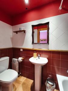 a bathroom with a toilet and a sink and a mirror at Hotel Rural del Médico in Regumiel de la Sierra +56 photos