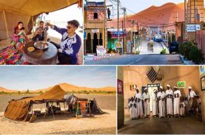a group of people standing in front of a desert town at Sahara Crown Luxury Camp in Merzouga