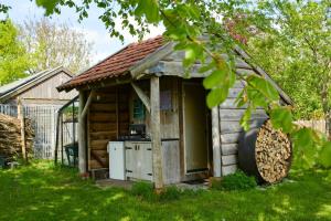 a wooden cabin with a stove in a yard at Bed & Bloemen in Niebert