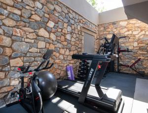 a gym with a stone wall and a treadmill at Villa Manel in Georgioupoli