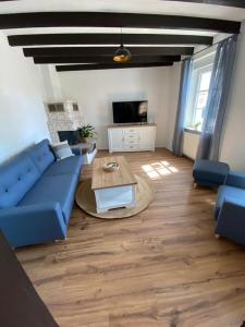 a living room with a blue couch and a table at Rheinhessen Auszeit in Wendelsheim