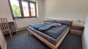 a bedroom with a large bed with blankets on it at Ubytování U Včelek in Horní Dubňany