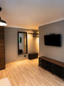 a living room with a flat screen tv and a mirror at City Center apartment in Jelgava in Jelgava