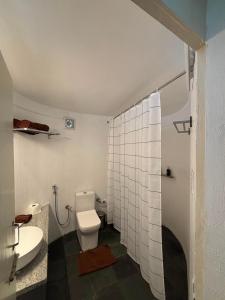 a bathroom with a toilet and a sink and a shower at Trisara Boutique Stay in Mysore
