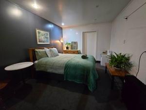 a bedroom with a bed with a green blanket and a table at AB Accomodation in Palmerston North