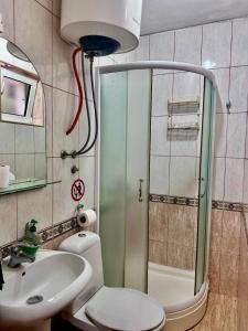 a bathroom with a shower and a toilet and a sink at ApartMonte in Budva +33 photos