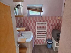 a pink bathroom with a sink and a washing machine at Maison proche bourg in Piégut-Pluviers +8 photos