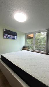 a large bed in a room with two windows at LE VOLPI Marilleva 1400 in Marilleva