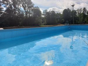 a large swimming pool with blue water at Domki nad Wierną Rzeką in Chęciny