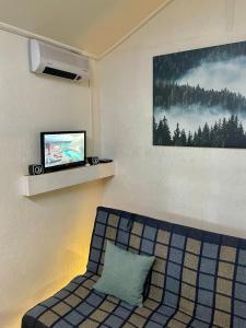 a living room with a couch and a flat screen tv at Scandinavia Camping in Kamennaya Gora