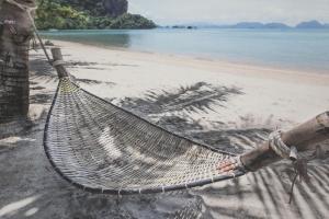 a hammock hanging from a pole on a beach at Joli Cocon in Baie-Mahault