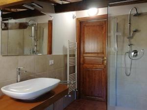 ein Badezimmer mit weißem Waschbecken und Dusche in der Unterkunft Baduerughe - ValledelLago in Poggio Mirteto