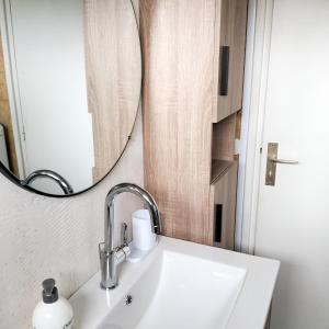 a bathroom with a sink and a mirror at Studio cosy avec terrasse et barbecue à Cazaubon - 28 m² in Cazaubon