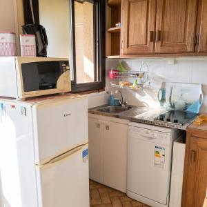 a kitchen with white appliances and a microwave at Studio cosy avec terrasse et barbecue à Cazaubon - 28 m² in Cazaubon