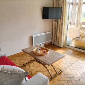 a living room with a coffee table and a tv at Studio cosy avec terrasse et barbecue à Cazaubon - 28 m² in Cazaubon