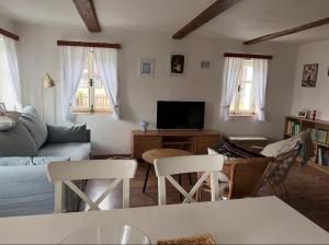 a living room with a couch and a tv at House Pankraz Jitrava in Rynoltice