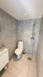 a bathroom with a white toilet and a shower at Modern Mini Apartment in Malmö