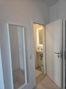 a bathroom with a shower and a toilet and a mirror at City Hotel in Rheinfelden +16 photos