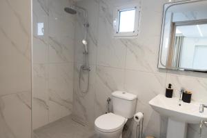a bathroom with a shower and a toilet and a sink at Beautiful Apartment in Larisa +13 photos