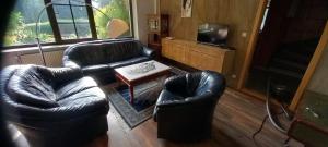 a living room with a leather couch and a table at Landgut Pinnow in Murchin