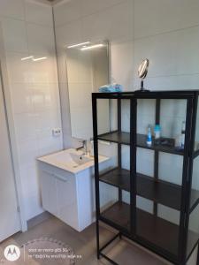 a bathroom with a black shelf in front of a sink at Pia Apartment in Bykle +17 photos