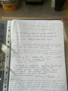 a sheet of paper with handwriting on it at The Cuckoos Nest - 2 bedroom in Headford +38 photos