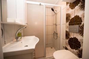 a bathroom with a shower and a sink and a toilet at Loca Centre Suites in Bodrum City +145 photos