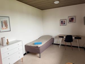 a bedroom with a bed and a desk in it at Room for rent Solskrænten in Vorgod