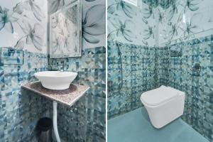 two pictures of a bathroom with a toilet and a sink at Super Hotel O The Dev Regency in Patna