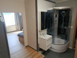 a bathroom with a shower and a sink at Apartmán Comfort in Trenčín