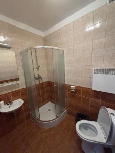 a bathroom with a shower and a toilet and a sink at Górski Ośrodek Pod Kamiennikiem in Poręba +24 photos