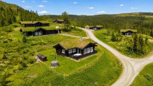 an aerial view of a house with a grass roof at Dream mountain cabin with jacuzzi and views in Gol