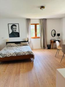 a bedroom with a bed and a desk in it at See Apartment Traunsteinstrasse in Gmunden