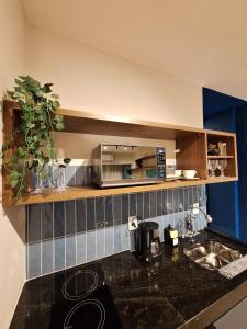 a kitchen with a counter with a sink and a microwave at Desing Studio, luxo e Moderno Vila Velha-ES in Vila Velha