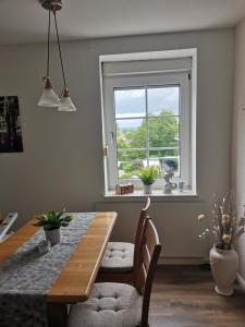 a dining room with a table and a window at Auszeit Sauerland in Schmallenberg