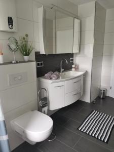 a white bathroom with a toilet and a sink at Auszeit Sauerland in Schmallenberg +10 photos