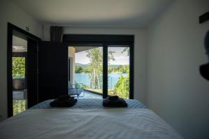 a bedroom with a bed with a view of the water at Vila Dominus Lux in Veliko Gradište +37 photos