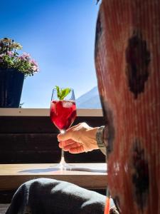 eine Person, die ein Glas Rotwein hält in der Unterkunft TENNE Arlberg - Boutique Hotel & Restaurant in Sankt Anton am Arlberg