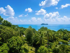 a view of the ocean from the jungle of a tropical island at Villa Archie INCREDIBLE Sea View second fl in Ko Phangan