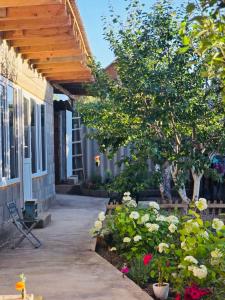 a porch of a house with a tree and flowers at Bayaman Guest House in Bokonbayevo