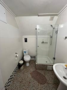 a bathroom with a shower and a toilet and a sink at Burabay Lake Walk House in Borovoye