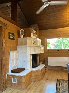a living room with a fireplace in a log cabin at Squaw Peak in Morzine
