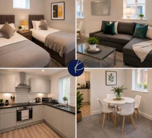 two pictures of a kitchen and a living room at K Suites - Walsingham Close in Hatfield