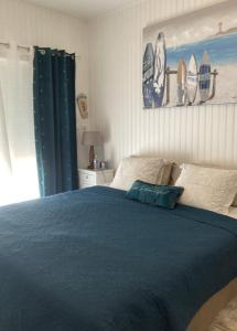 a bedroom with a blue bed with surfboards on the wall at Au Pré Fleury in Fleury-en-Bière +10 photos