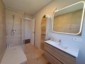 a bathroom with a shower and a sink and a mirror at Rosales Collection Vacation Villa in Medina de Pomar