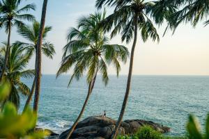 two people standing on a rock in the ocean with palm trees at Kumu Beach By Teardrop Hotels in Balapitiya