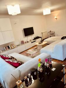 a living room with two beds and a flat screen tv at Private room with shared bathroom in Clavier