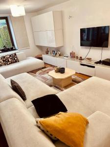 a living room with two couches and a flat screen tv at Private room with shared bathroom in Clavier