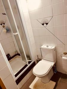 a small bathroom with a toilet and a shower at Private room with shared bathroom in Clavier